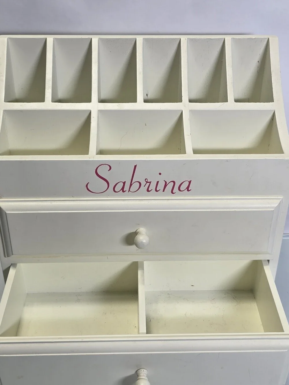 Personalized Sabrina White Wooden Desktop Organizer 2 Drawers 9 Compartments 12